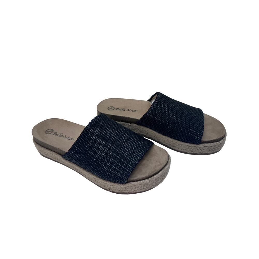 Bella Vita Black Woven Raffia Slide Sandals Espadrille Platform Size 8.5 LikeNew